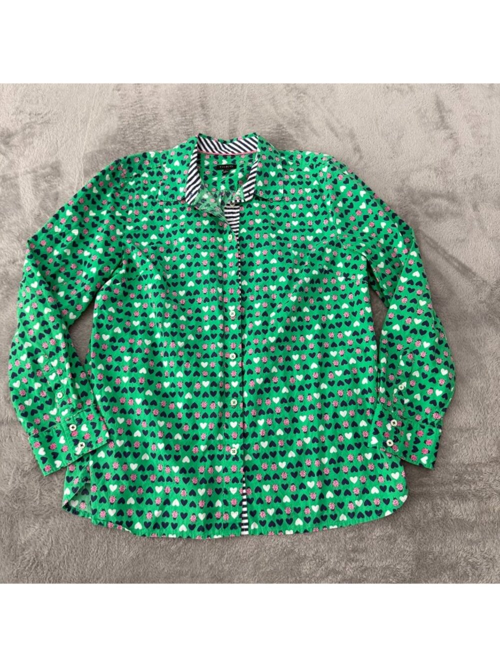 Talbots Green Cotton Blouse Shirt Ladybug Hearts Womens LARGE Long Sleeve